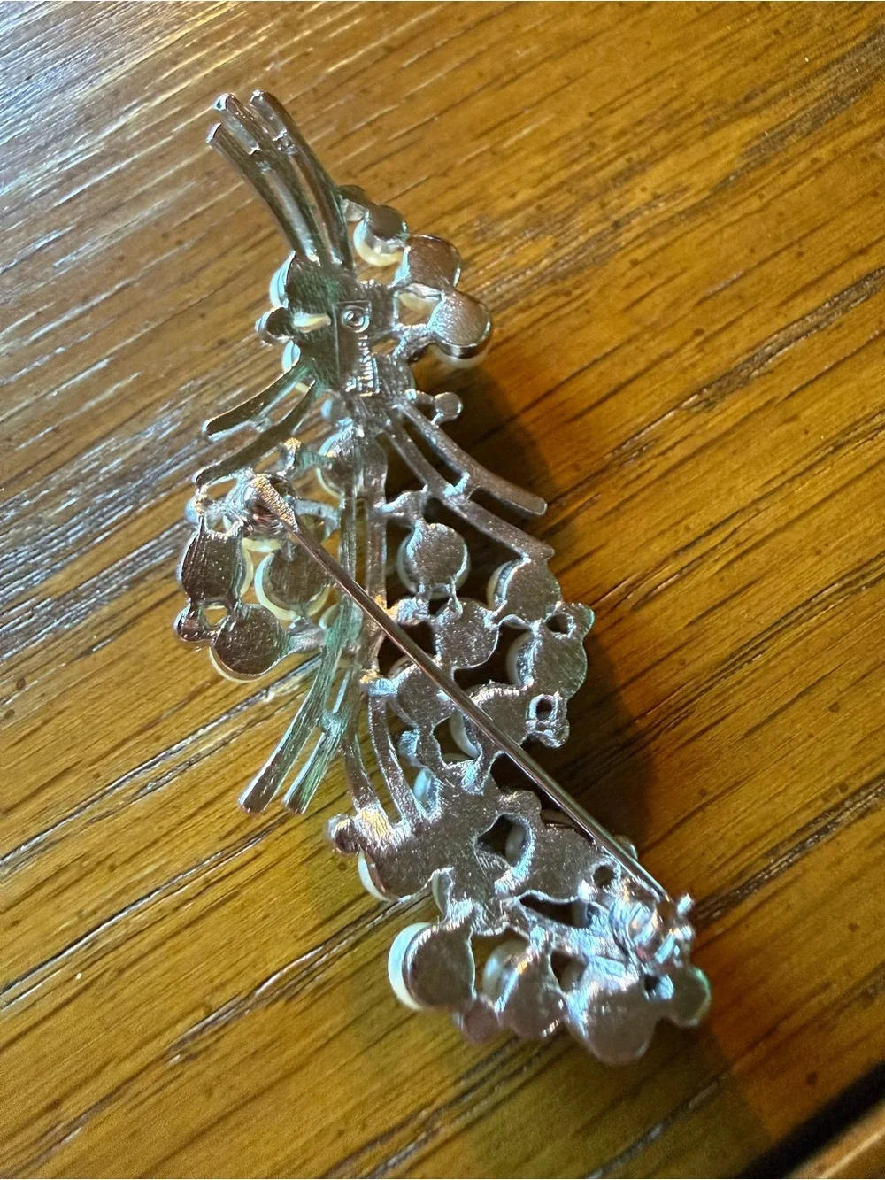 Vintage Faux Pearl Rhinestone Floral Spray Brooch Silver Tone 3”
